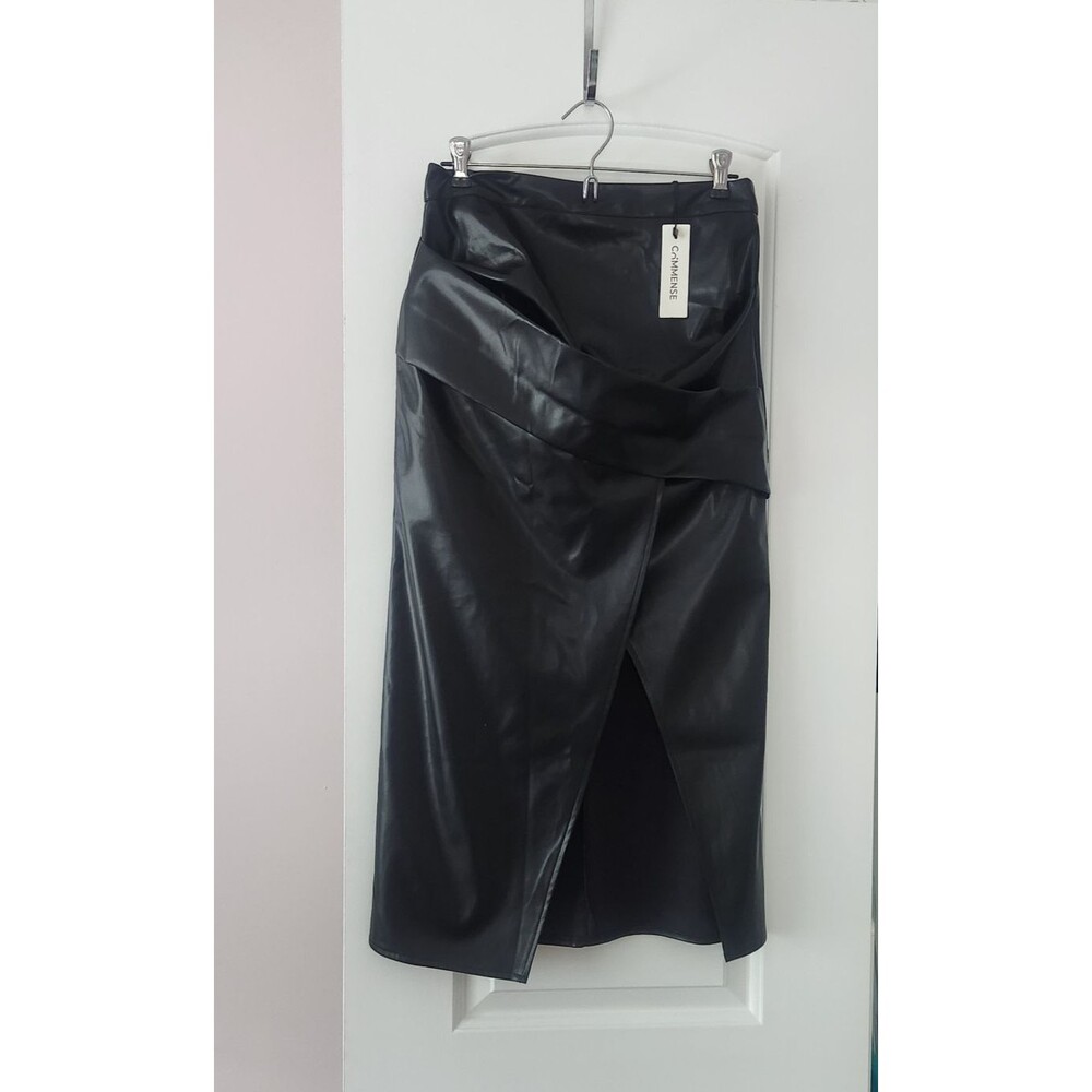 NWT Commense Faux Leather Ruched Slit Midi Bodycon Pencil Skirt - Black - Size M - Picture 6 of 8